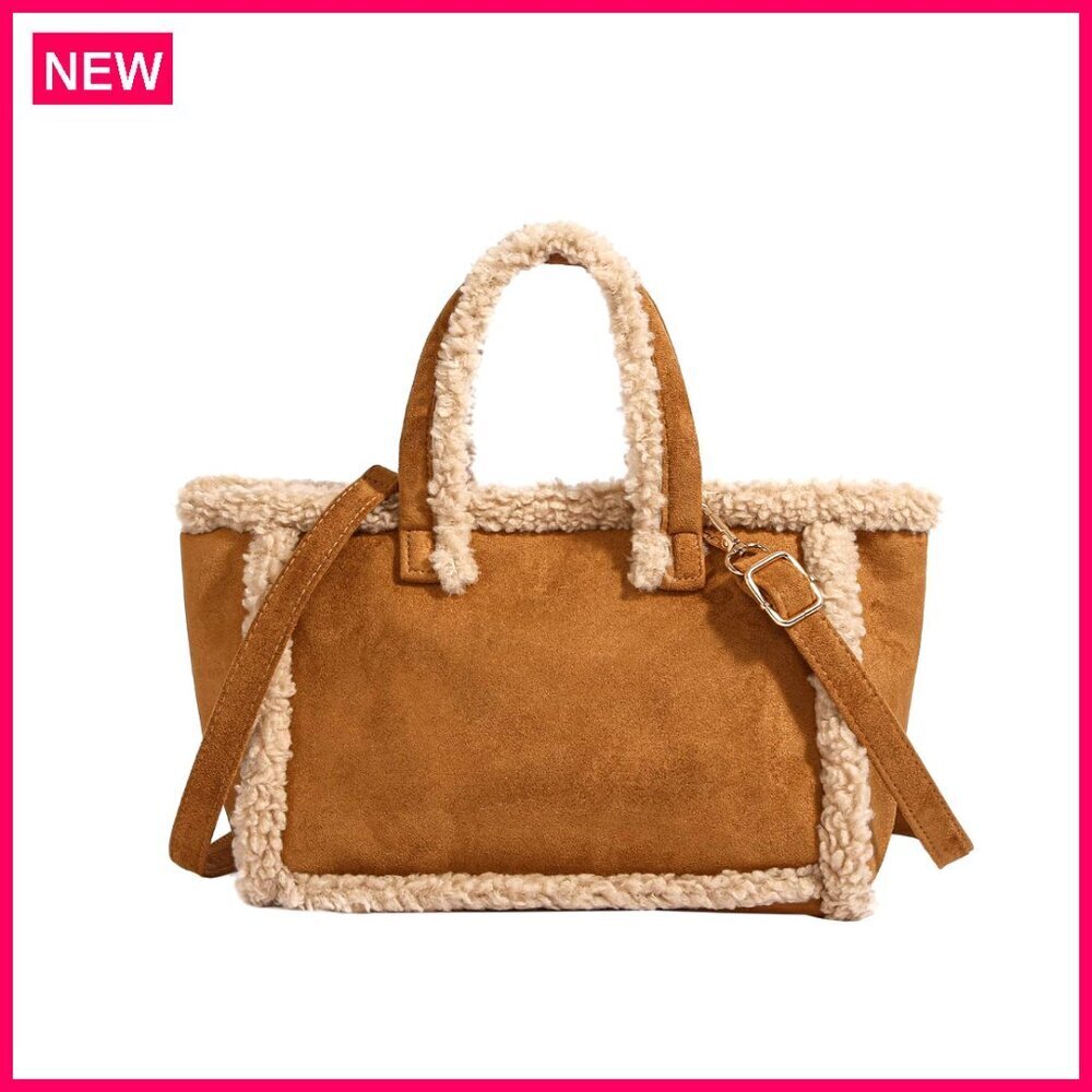 Large Faux Fur Tote Bag with Button Closure, 10x4x7 Inches, Crossbody Shoulder